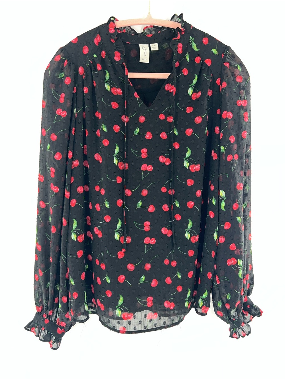 Joie‎ Black Chiffon Cherry-Print Long-Sleeve Blouse rockabilly nostalgic sheer